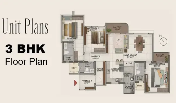 3 BHK apartment configuration at Brigade Innovation Gardens Devanahalli